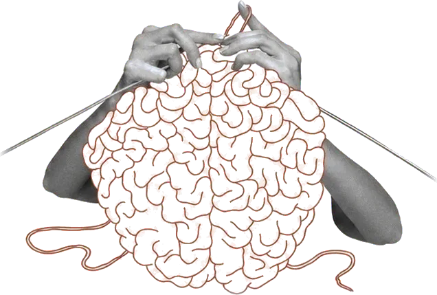 Two hands knitting a brain out of red yarn